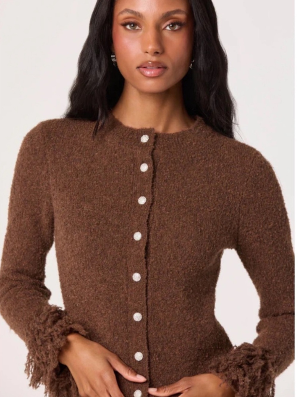 ASTR Brown Fringe-Cuff Button Cardigan Size L - Picture 16 of 16